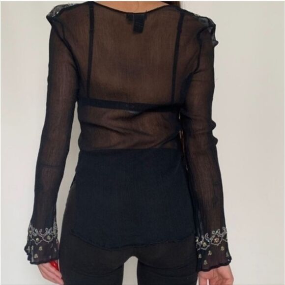 Venus Black Semi Sheer Silk Turquoise  Sequin Embroidered Beaded Tunic S - Picture 3 of 14